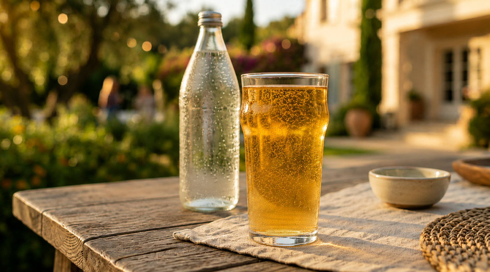 A pint glass of golden, sparkling ClearBarrel beside a bottle of sparkling water on a sunlit garden table.